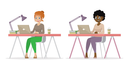 Cartoon character Poses, Set Business woman at the desk is working on the laptop computer.