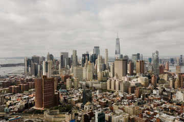 Aerial view of Lower Manhattan skyscrapers, washed colors, New York