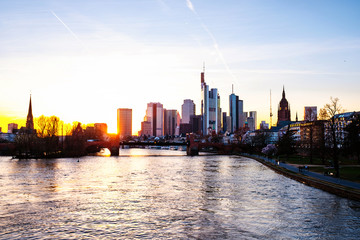 Obraz premium Skyline of Frankfurt, Germany in the sunset with famous skyscrapers