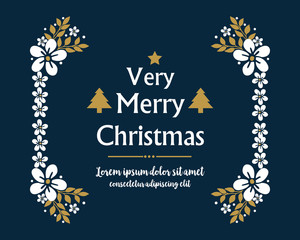 Handwritten of very merry christmas, with white flower frame, isolated on dark blue background. Vector