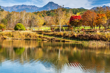 原村 自然文化園 まるやち湖に映る八ヶ岳と秋空
