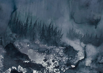 winter forest in fog, cold weather, blue illustration