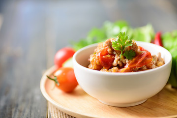 Northern Thai food, spicy chili minced pork with tomatoes (Nam Prik Ong), Thai chili paste