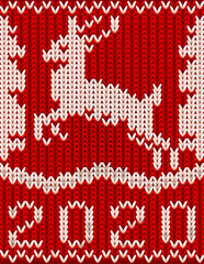 New 2020 year knitted pattern background with xmas deer, vector illustration