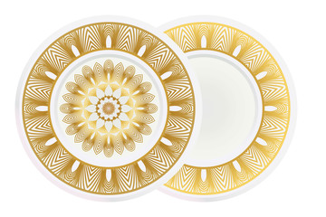 Set of 2 matching decorative plates for interior design. Empty dish, porcelain plate mock up design. Vector illustration. Decorative plates with Mandala ornament patterns. Home decor background.