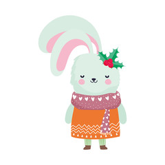 merry christmas celebration cute rabbit with scarf and holly berry
