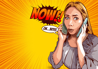 comic book style stock images, woman using two phones, She is busy and stressed about talking business work, cover template on yellow background, speech bubbles, doodle art, vector illustration. - obrazy, fototapety, plakaty