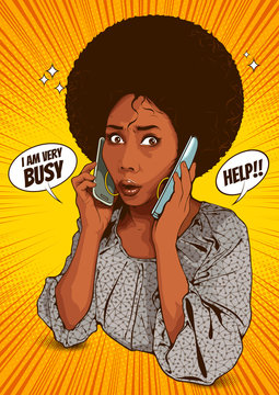 comic book style stock images, picture of beautiful african american woman talking on two phones, She is busy and stressed about talking business work, cover template on yellow background, speech bubb
