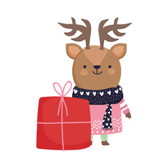 merry christmas reindeer with scarf and gift box celebration
