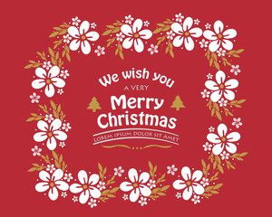 Modern poster of very merry christmas, with elegant style white flower frame. Vector