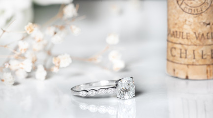 Jewelry diamond rings on white background. Sign of love. Fashion jewellery , good for wedding or engagement theme concept