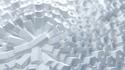Abstract 3d illustration wall background. White and shiny Hexagonal structure Selective focus macro shot with shallow DOF