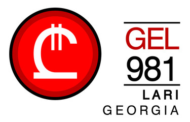 G, GEL, 981, Lari, Georgia Banking Currency icon typography logo banner set isolated on background. Abstract concept graphic element. Collection of currency symbols ISO 4217 signs used in country