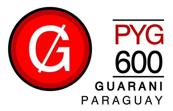 G, PYG, 600, Guarani, Paraguay Banking Currency icon typography logo banner set isolated on background. Abstract concept graphic element. Collection of currency symbols ISO 4217 signs used in country