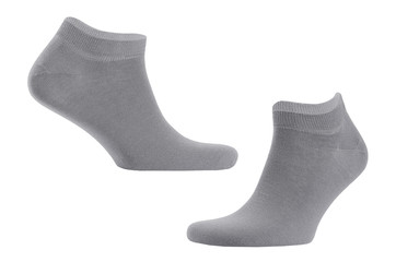 Blank grey cotton sport short socks on invisible foot isolated on white background as mock up for advertising, branding, design, front side, side view, template.