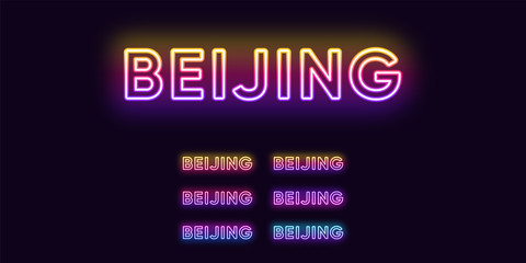 Neon Beijing name, capital City in China. Neon text of Beijing city. Vector set of glowing Headlines