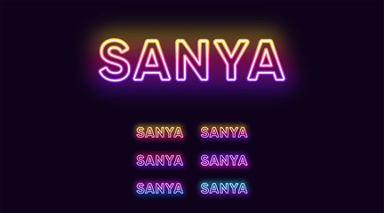 Neon Sanya name, City in China. Neon text of Sanya city. Vector set of glowing Headlines