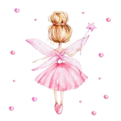 Fotobehang Cute cartoon fairy with magic wand and wings  watercolor hand draw illustration  with white isolated background © Нина Новикова