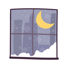 window moon snow night cityspace scene