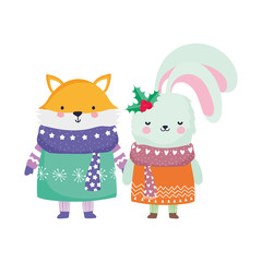 merry christmas celebration cute fox and rabbit with sweater and scarf snow