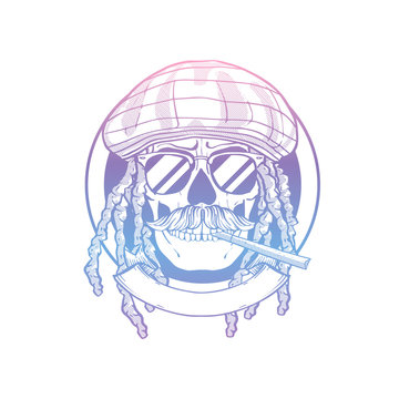 Rastafarian isolated vector skull with dreadlocks.