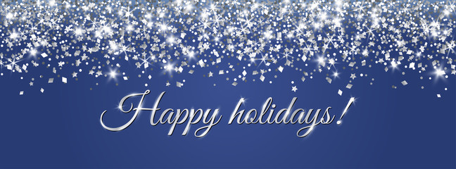 Christmas banner with happy holidays text. Silver glitter decoration