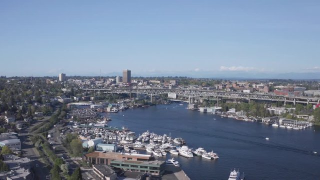 South Lake Union and Aurora Bridge, Seattle USA. Aerial Panorama on Sunny Day