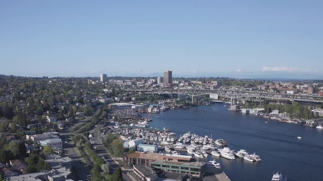 Static Aerial View of South Lake Union Waterfront and Seattle City Skyline on Sunny Summer Day