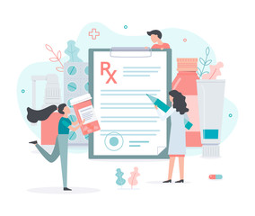 A woman doctor writes a medical prescription. Pharmacist carries a jar of capsules. Medical concept with tiny people. Flat vector illustration.