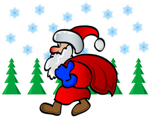 Santa Claus in a red coat carries a bag with gifts through the forest during a snowfall