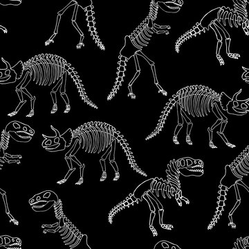 Dinosaur skeleton. Vector seamless pattern. Original design with dinosaur bones. Print for T-shirts, textiles, web. Black background.