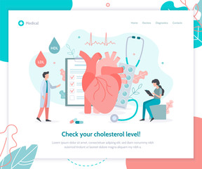 A team of doctors checks the level of cholesterol in the blood. Medicine heart health concept. Flat vector illustration.