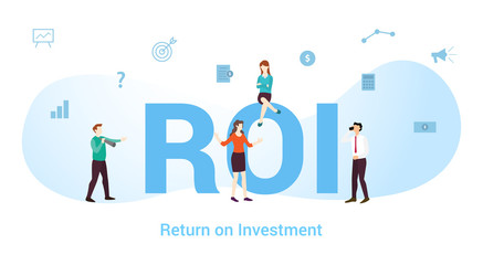 roi return on investment concept with big word or text and team people with modern flat style - vector