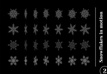 Set of drawn snowflake silhouettes in motion