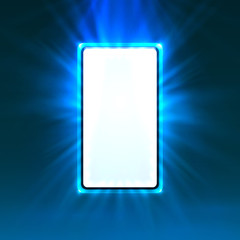 Phone in bright blue color, rays of light in the background.