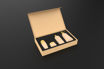 cosmetic bottle set in present box beauty product package blank templates of plastic containers. 3d illustration