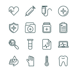 healthcare equipment medical icons set line fill