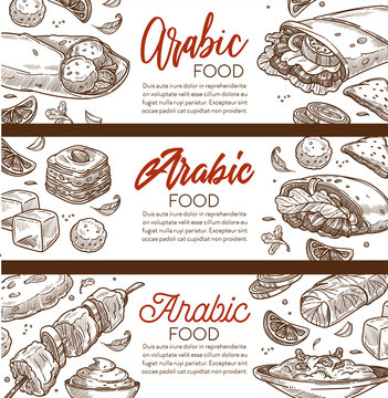 Arabic Food And Middle Eastern Cuisine Restaurant Sketch Banner