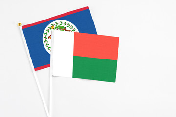 Madagascar and Belize stick flags on white background. High quality fabric, miniature national flag. Peaceful global concept.White floor for copy space.