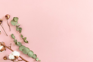 Border frame made of dried eucalyptus branches, roses and cotton