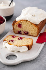 Cake with raspberries and whipped cream. Copy space.