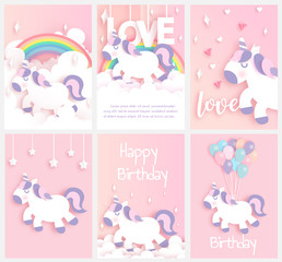 A cute unicorn standing on cloud  . Set of greeting card  birthday card ,valentine's card and template card in paper cut and craft style .