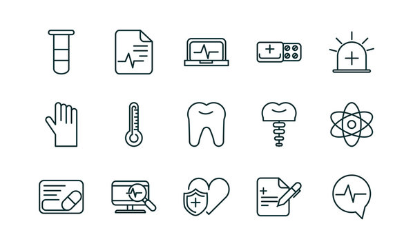 healthcare equipment medical icons set line fill