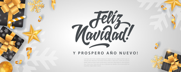 Feliz Navidad - Merry christmas in spanish language white flat card template glitter gold elements, snowflakes, stars and calligraphy