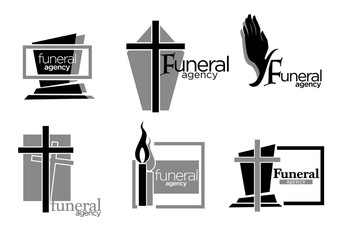 Interment and burial, funeral services agency isolated icons