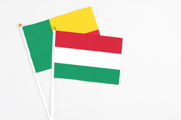 Hungary and Benin stick flags on white background. High quality fabric, miniature national flag. Peaceful global concept.White floor for copy space.