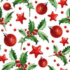 Seamless pattern with Christmas symbol - Holly leaves, stars, balls on white background.
