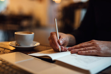 Man sketching design for new web into diary at office
