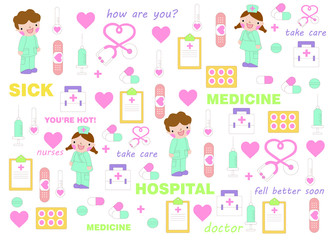Health care and medicine elements set in cartoon style. Vector pattern.