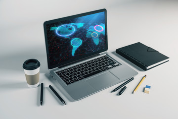 Laptop closeup with world map on computer screen. International education concept. 3d rendering.